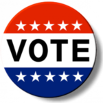The word vote in a red, white and blue circle with stars